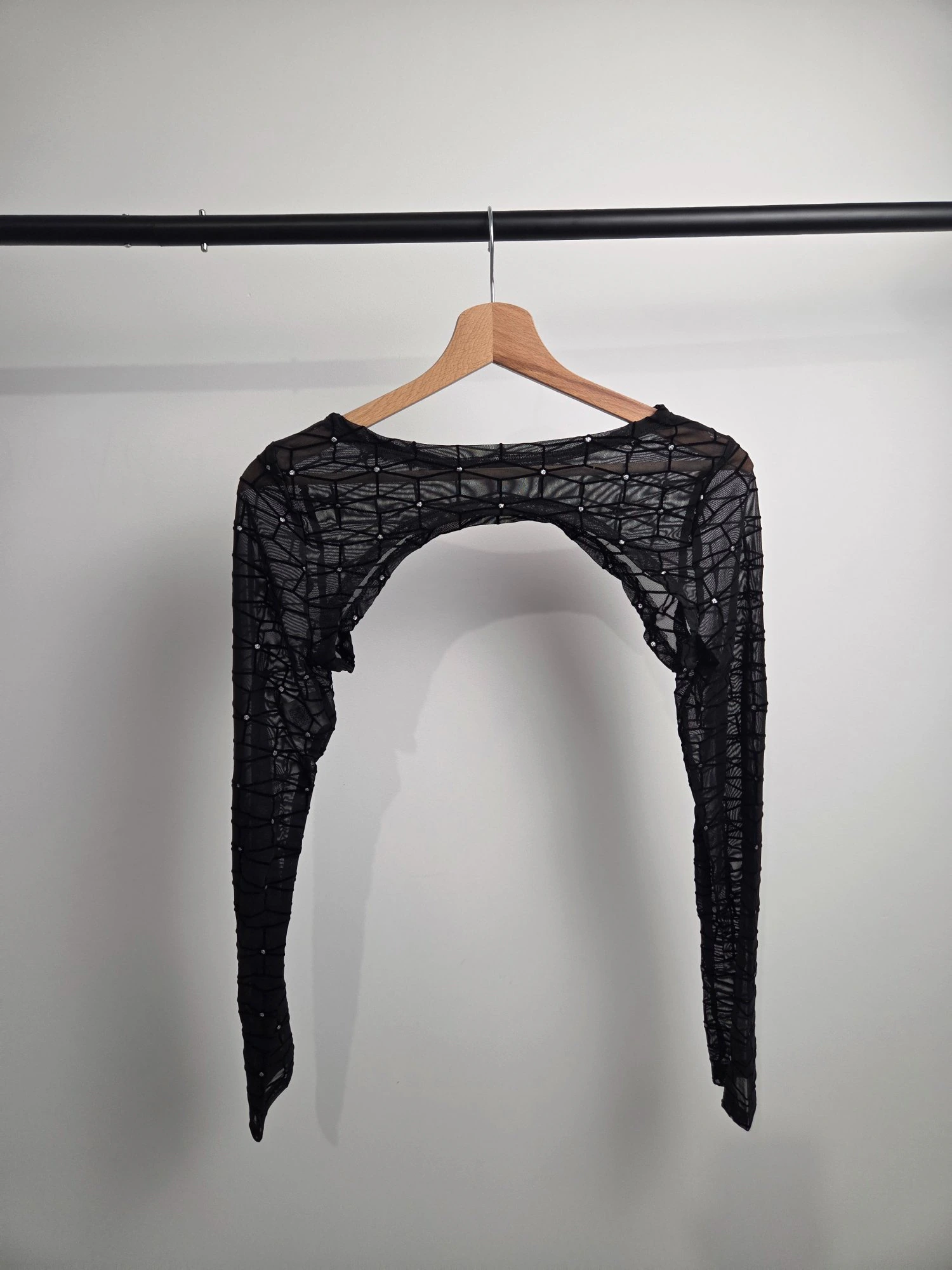 Boléro Mesh Strass — Top ultra court manches longues — Accessoire rave femme noir