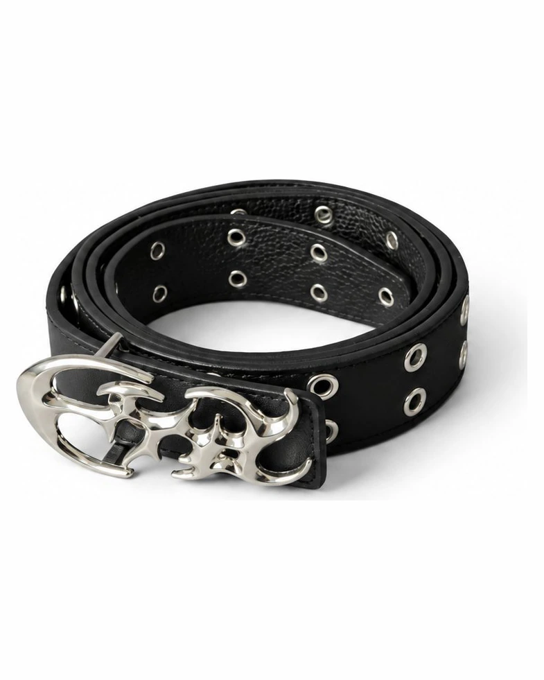 Ceinture punk Y2K à œillets — boucle sculptée — Cuir chaines hard techno homme noir