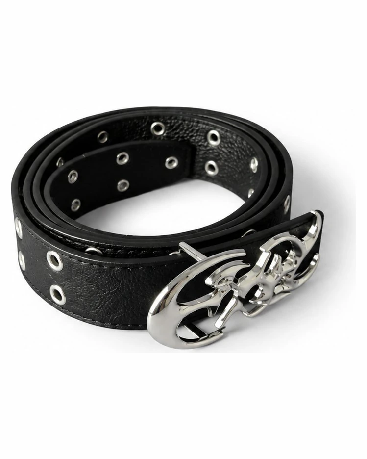 Ceinture punk Y2K à œillets — boucle sculptée — Cuir chaines hard techno homme noir