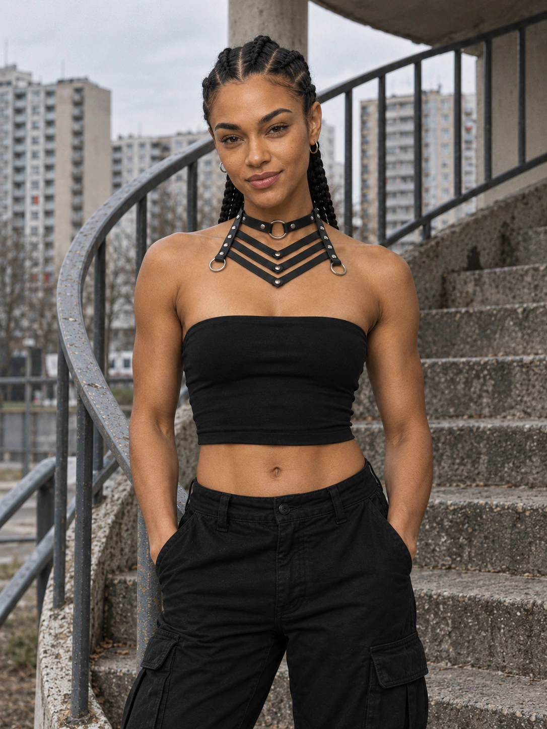 Collier ras-du-cou large à rivets — similicuir noir — Cuir chaines hard techno femme