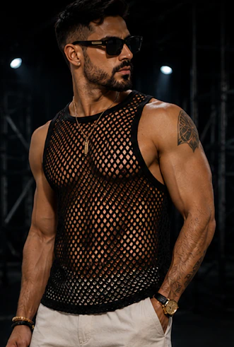 Débardeur Résille — Mesh transparent homme — T-shirt hard techno homme noir