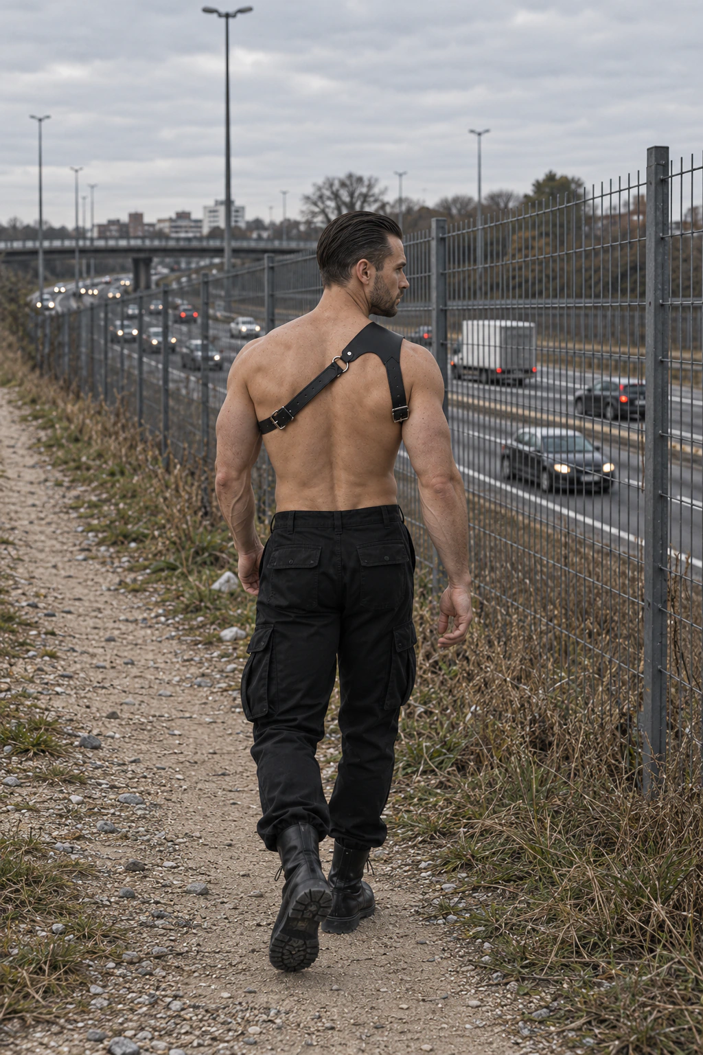 Harnais d'épaule asymétrique — similicuir noir — Cuir chaines hard techno homme