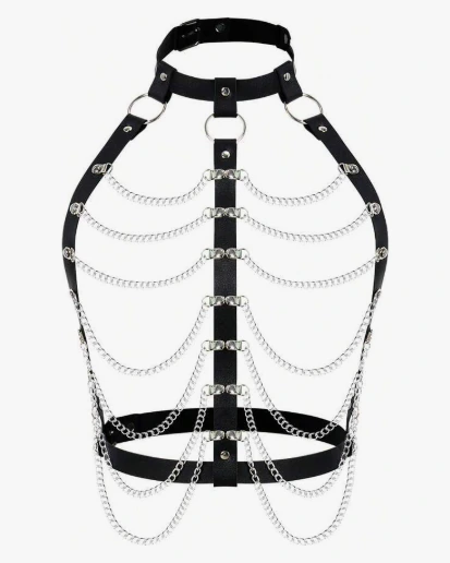 Harnais de corps à chaînes drapées — similicuir & métal — Cuir chaines hard techno femme