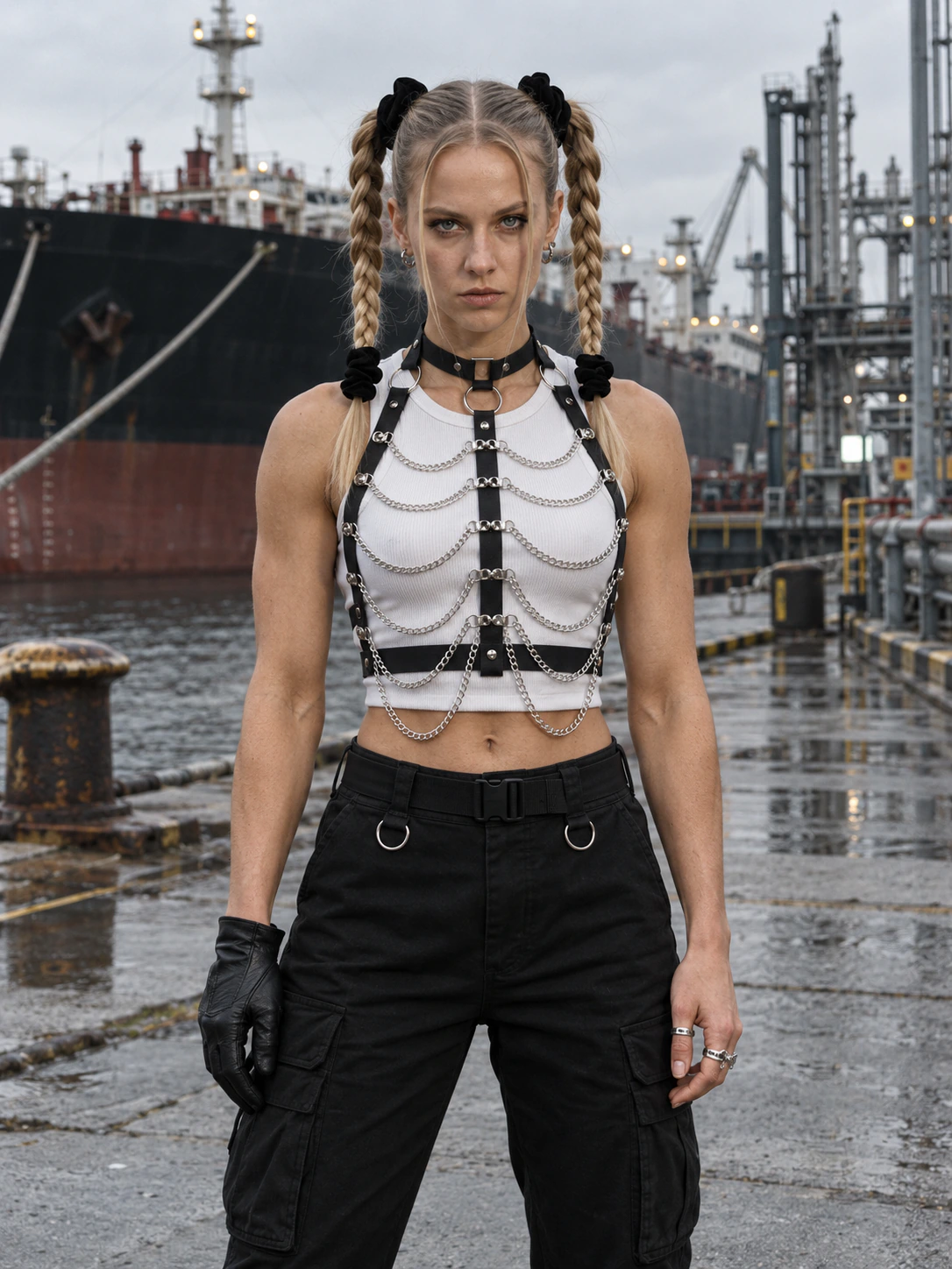 Harnais de corps à chaînes drapées — similicuir & métal — Cuir chaines hard techno femme