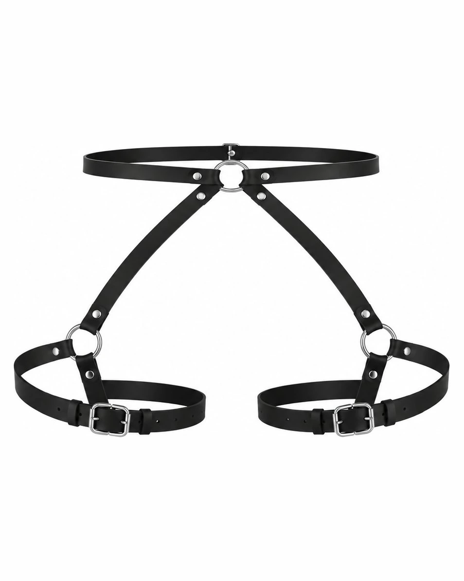 Harnais de cuisses & taille — similicuir noir — Cuir chaines hard techno femme