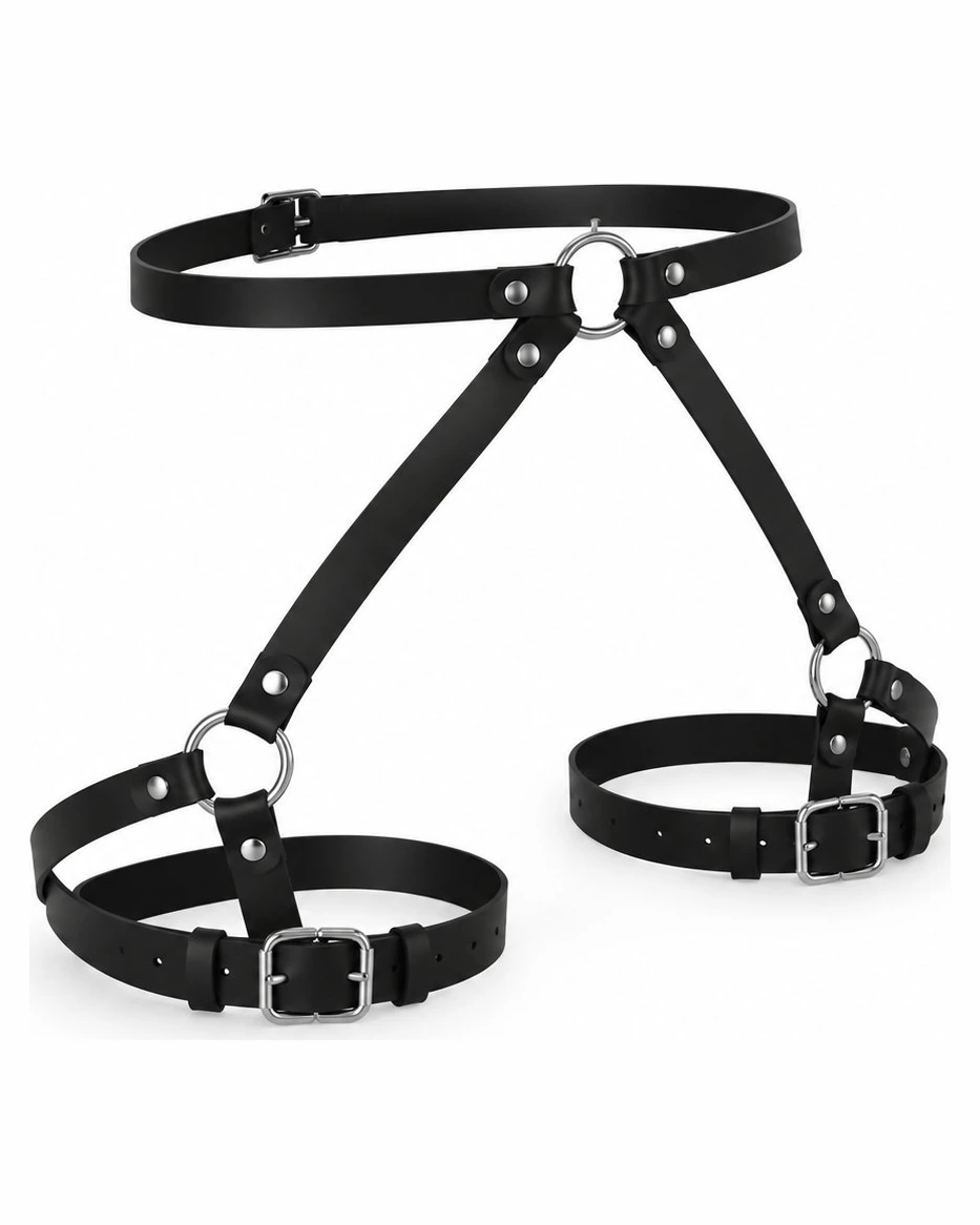 Harnais de cuisses & taille — similicuir noir — Cuir chaines hard techno femme