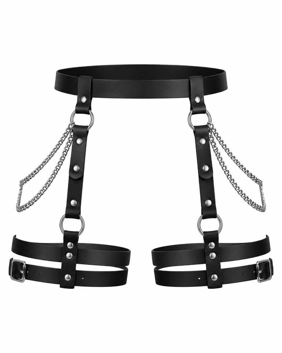Harnais de taille & cuisses — similicuir et chaînes — Cuir chaines hard techno femme noir