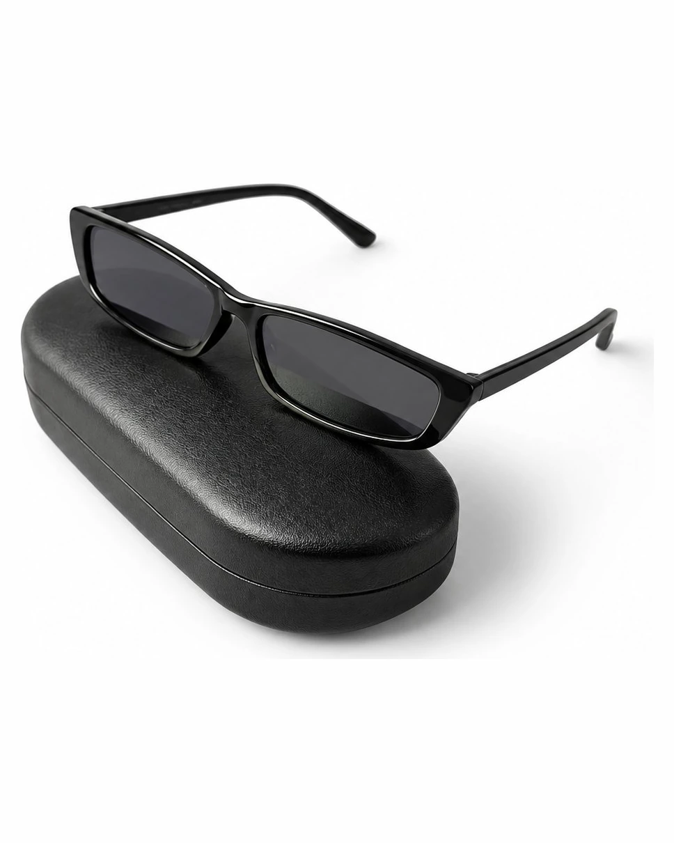 Lunettes de soleil rectangulaires — monture fine noire — Accessoire rave femme